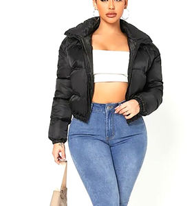 Chaqueta Acolchada Negra para Mujer, Manga Larga, Cuello Alto, Cierre de Cremallera, Abrigo Grueso de Invierno, Color Sólido, Relleno de Poliéster - Product Image 4