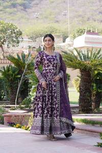 Foil Print Flared Kurta Set For Women Ethnic Gown Style Dress With Dupatta Festive Wear Collection - Product Image 1