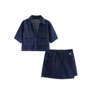 Women Denim <b>Set</b> Short Sleeve <b>Blazer</b> With Pocket And High Waist Skirt Solid Color Casual Spring Summer Outfit Denim Skirt <b>Set</b> - Product Image 1
