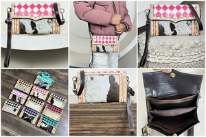 New Designer Pink & <b>White</b> Checkered Cowhide Hair-on-Hide Western Hand Tooled <b>Leather</b> Crossbody Wristlet Mini Purse <b>Clutch</b> <b>Bag</b> - Product Image 3