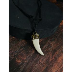 Faux Ivory Tusk Pendant Necklace for Men and Boys Antique Gold Crown with Adjustable Black Cotton Cord - Product Image 5