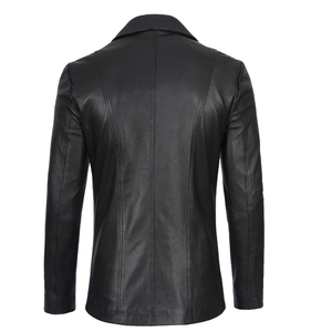 Men Black <b>Leather</b> <b>Blazer</b> Double Breasted Notched Collar Regular Fit Full Length Sleeve British Style <b>Jacket</b> - Product Image 5