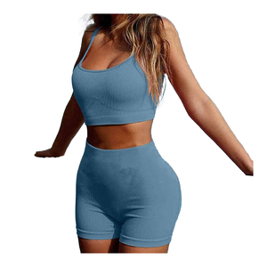 Best Price Women Yoga Set Ribbed Scoop Neck <b>Spaghetti</b> <b>Strap</b> High Waist Shorts 2 Piece Solid Blue Breathable Activewear - Product Image 1