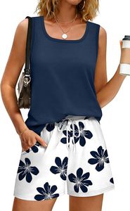 Ensemble 2 pièces pour femmes, haut sans manches à col rond, short fleuri, coupe ample, décontracté, printemps-été, tricoté en polyester - Product Image 3