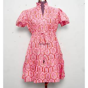 Women's mid-length soft pure Cotton <b>Dress</b> Hand Block Floral Print Minimalist Casual Party Wear Formal Bridesmaid Maxi <b>Dress</b> - Product Image 1