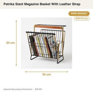 Panier à magazines incliné Patrika en fil de fer fait main, 34 cm, noir, finition laiton doré, design frontal incliné, sangle en cuir, pour la décoration intérieure et l'utilisation alimentaire - Product Image 3