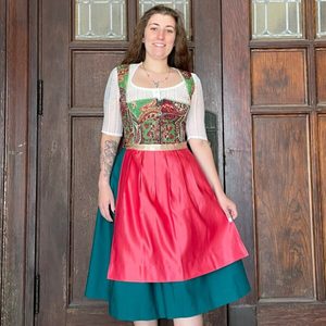 Women's Bavarian Style Dirndl <b>Dress</b> Knee-Length Satin A-Line With Lace-Up Bodice Contrast Color Short Sleeve Vintage Folk - Product Image 3