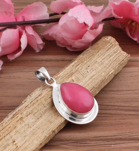 Pendentif en jade rose naturel, argent sterling 925 plaqué platine, collier avec breloques vintage, bijoux fins faits à la main, unisexe, vente en gros - Product Image 5