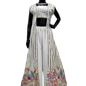 Elegant Fox Georgette Lahenga with Blouse <b>Shrug</b> 3 Layer Plazo Three Piece Set Collection 2024 Navratri Salwar Kameez - Product Image 1