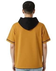 Custom Men Mustard <b>Yellow</b> Short Sleeve Hoodie T Shirt With Contrast Hood Drawstring Pocket Casual Streetwear Summer Top Fashion - Product Image 5