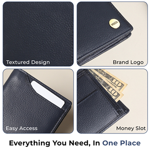 WRIZA Men's Genuine Leather <b>RFID</b> Blocking <b>Wallet</b> | Navy Blue Slim Bifold Open Coin Pocket Card Holder England Style Daily Use - Product Image 5