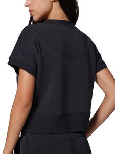 T-shirt de fitness pour femme, nouvelle collection été, col tombant, micro-polaire délavée, manches courtes, coupe classique, 100 % coton - Product Image 2