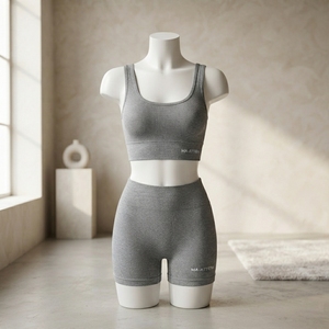Women Grey Ribbed <b>Sports</b> Bra High Waist Biker Shorts Yoga <b>Set</b> Gym Fitness Workout Activewear Two Piece <b>Set</b> - Product Image 2