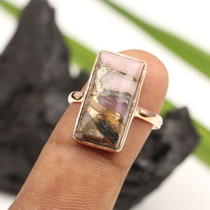 925 Sterling Silver Bezel Setting Pink Opal Copper <b>Abalone</b> <b>Shell</b> Gemstone Ring 9x18mm Rectangle Shape Trendy Christian Eternity - Product Image 1
