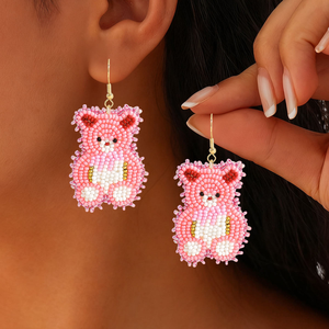 New Women Handmade Pink Teddy <b>Bear</b> Seed Bead Dangle Valentine Day <b>Cute</b> Statement Jewelry for Romantic Casual Wear BY MULTI CRAFT - Product Image 2
