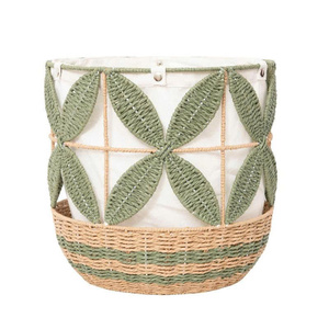 Cesta de Almacenamiento de Papel Artesanal Estética con Patrón de Hojas Verdes, Ecológica, Multiusos, Decoración para el Hogar de Vietnam - Product Image 1