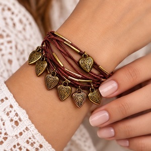 Vintage Heart Charm Wrap <b>Bracelet</b> Set Antique Bronze Plated Copper Alloy Multi Strand Stackable Jewelry Unisex Gift - Product Image 2