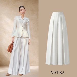 Pantalones de Vestir Elegantes para Mujer, Blancos, de Pierna Ancha, Cintura Alta, Cierre de Gancho y Cremallera Delantera, Estilo Minimalista para Oficina, NERINA - Product Image 1