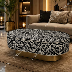 Mesa de Centro Moderna de Madera ShaizDigital con Incrustaciones de Hueso y Base de Aluminio, Forma Ovalada, Muebles para Sala de Estar - Product Image 2