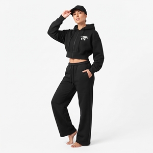 Ensemble sweat à capuche court noir et pantalon de jogging large pour femme, manches longues, 100 % coton molletonné, coupe décontractée - Product Image 6