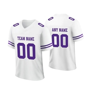 เสื้อฟุตบอลอเมริกันชายแบบกำหนดเอง สีขาวม่วง คอวี แขนสั้น ผ้าโพลีเอสเตอร์ระบายอากาศได้ดี พิมพ์ลายแบบซับลิเมชั่น ชื่อทีม 00 - Product Image 1