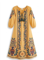 Vestido islámico negro bordado para mujer, manga tres cuartos, cuello con lazo, estampado floral, corte holgado, algodón, modesto, para uso diario.