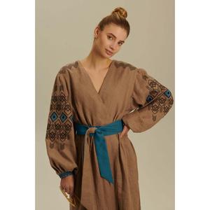 Kurti Largo Bohemio para Mujer, Color Marrón, Bordado, de Lino, Ecológico, Lavable, con Cinturón, de Manga Larga, al por Mayor - Product Image 1