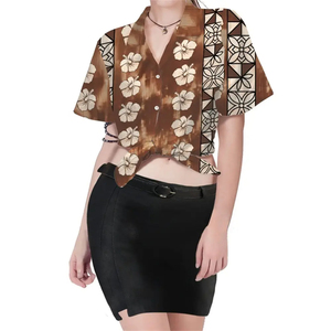 Hot Wholesale <b>Women's</b> <b>Hawaiian</b> Crop Top Short Sleeve Loose Fit Woven Slub Cotton <b>Shirt</b> - Product Image 4