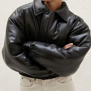 Men's Black PU Puffer Jacket <b>Stand</b> Collar Waterproof Winter <b>Coat</b> Casual <b>Slim</b> Fit Thick Quilted Outerwear Regular Sleeve - Product Image 3