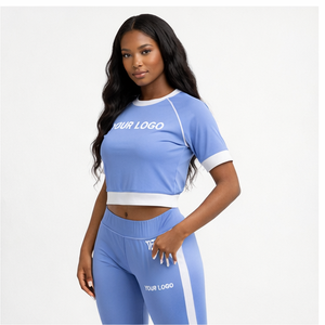 Conjunto de Top Corto y Leggings para Mujer con Logotipo Personalizado, Manga Corta Raglán, Pantalones de Cintura Alta, Traje Deportivo de Dos Piezas para Gimnasio y Fitness - Product Image 2