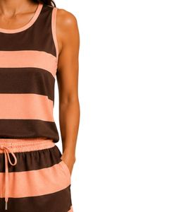 Ensemble pyjama en satin pour femmes, rayures marron chocolat et pêche, débardeur sans manches avec short à taille élastique, ensemble de vêtements de nuit de luxe - Product Image 3