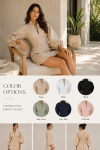 Robe Tunique Chic à Col Montant et Taille Smockée pour Femme, Manches Longues, 100% Coton, Mini-Robe Courte, Taille Naturelle, Style Moderne pour le Bureau - Product Image 6