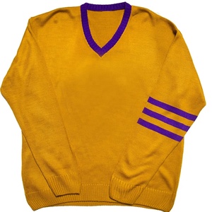 Pull tricoté personnalisé pour homme, col en V, couleur or vieilli et parpal, avec bordure et rayures sur les manches, pour l'automne - Product Image 1