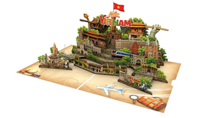 Tarjeta de felicitación emergente 3D de Hello Vietnam con diseño de papel artesanal, bandera y arquitectura tradicional - Product Image 3