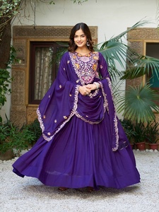 Traditional Indian Design Women's Clothing Rich Georgette Embroidered Long Anarkali <b>Kurti</b> Paired with Pants and Dupatta Set - Product Image 3