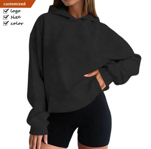 Women's Oversized Hooded <b>Sweatshirt</b> Solid Color Cotton Knitted Full Sleeve Breathable Casual Streetwear Short Length Pullover - Product Image 2