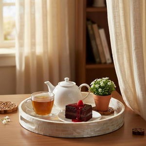 NHAT MINH MP88 <b>Round</b> Mother-of-Pearl Inlaid Serving <b>Tray</b> with Fish Pattern Bohemian Design for Holding Glasses Family Kitchen - Product Image 1