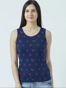 Débardeur en coton à imprimé floral pour femme, col rond, sans manches, décontracté, respirant, tricoté, coupe classique, bleu - Product Image 3