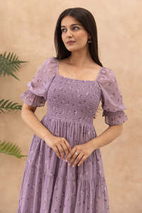 Robe midi en mousseline à imprimé floral lavande avec manches bouffantes, coupe trapèze ample, style bohème, col carré, taille élastique, pour le quotidien, été - Product Image 5