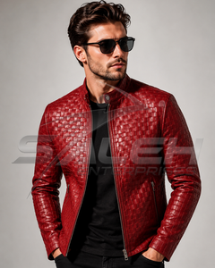 Chaqueta de Cuero Genuino Rojo Premium de Saleh Enterprises, con Patrón de Cesta Tejida en Relieve, Cuero Vacuno de Lujo, Resistente al Viento y Ecológica para Invierno - Product Image 3