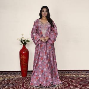 Jalabiya élégante en Chanderi avec imprimé floral et broderie au col, robe Abaya Kaftan arabe de luxe pour femmes, tenue modeste - Product Image 1