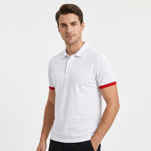 Polo de Manga Corta Blanco para Hombre con Ribete Rojo, Algodón, Casual, Transpirable, Corte Regular, Diseño Tejido de Color Sólido - Product Image 2