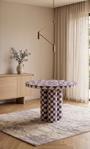 Table à manger moderne en résine ronde avec plateau imprimé géométrique et pieds à carreaux violets, assemblée pour la salle à manger à domicile - Product Image 3