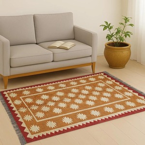 Tapis Kilim Rectangulaire Fait Main en Laine Acrylique à Poil Plat pour Salon, Motif Géométrique, Nettoyage Facile, Épaisseur 0,2-0,4 po - Product Image 3