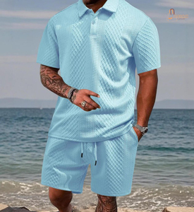 Ensemble polo et short pour homme, bleu clair, couleur unie, tricoté, respirant, décontracté, pour l'été - Product Image 1