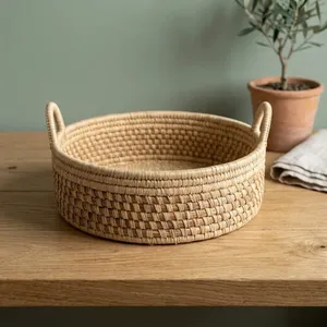 Panier en paille naturelle tissé à la main avec poignées, panier de rangement rond en osier, décoration rustique bohème pour la maison - Product Image 4