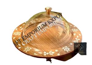 Luxury Natural Acacia Wooden <b>Cake</b> Stand Platter with Mother of Pearl Inlay and Glass <b>Cover</b> Knob Perfect for Holidays - Product Image 3