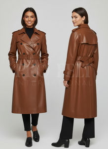 Manteau trench classique gris en cuir PU pour femme, double boutonnage, manches longues, col rabattu, imperméable - Product Image 3