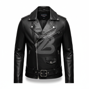 Chaqueta de Motociclista de Cuero Genuino para Hombre, al por Mayor, OEM, Negra, con Cierre Asimétrico y Cinturón, Estilo Biker - Product Image 2