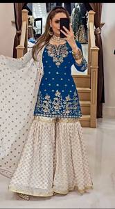 Ensemble Kurti Sharara pour femmes avec dupatta, design de créateur |   Vêtements de mariage et de fête richement brodés - Product Image 5